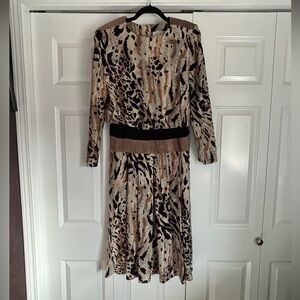 Vintage 80s Animal Print Long Sleeve Midi Dress in Beige and Black